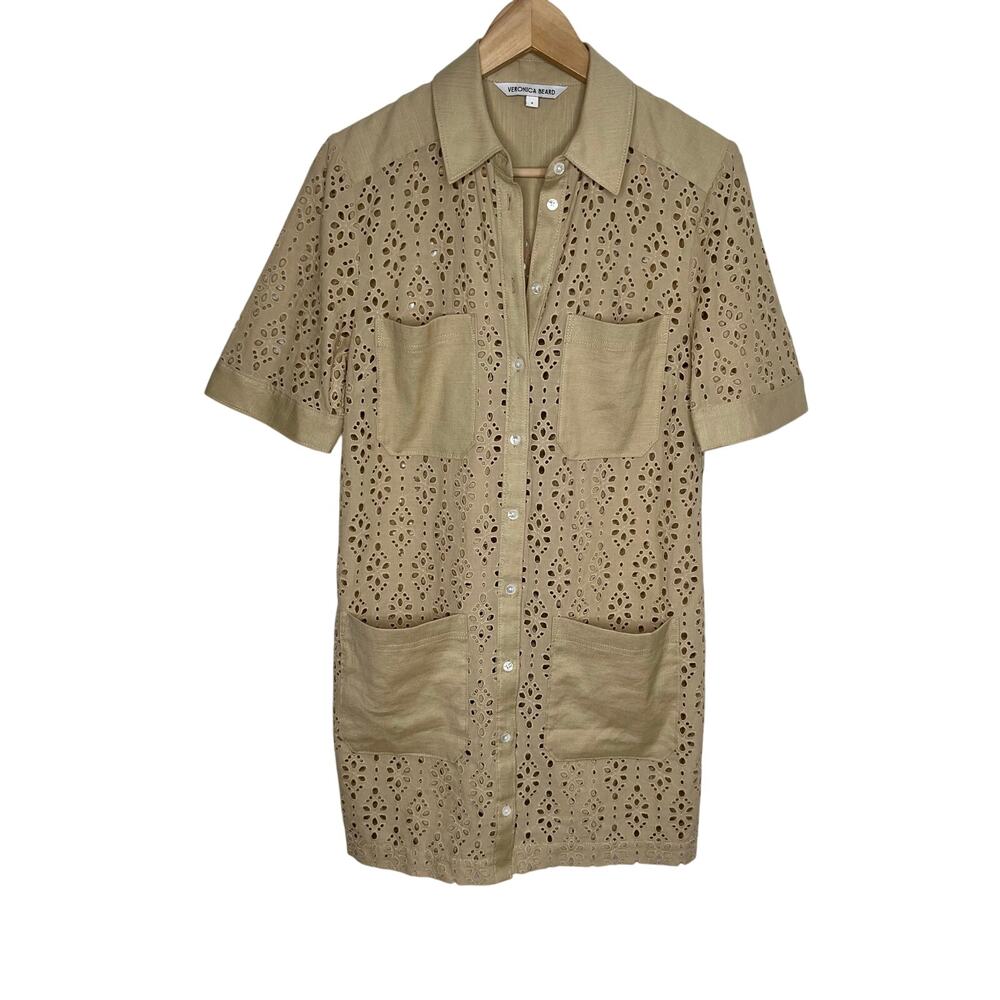 Veronica Beard Rafaela Eyelet Shirt Dress Khaki Utility Chic Size 4 No Slip - Picture 3 of 9